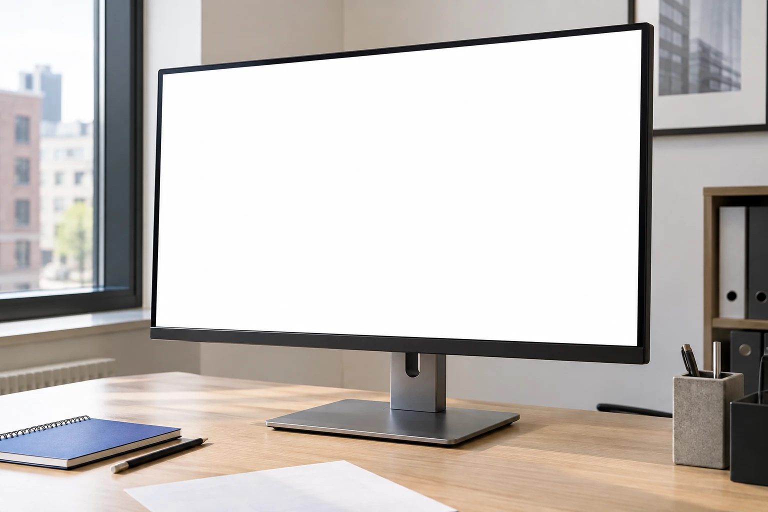 Een groot blanco beeldscherm voor een dashboard, met blauwe werkmaterialen.
