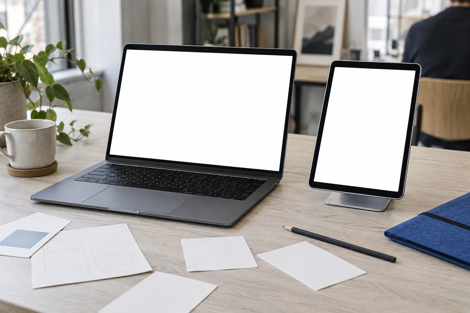 Een softwaremockup met blanco laptop- en tabletscherm en fysieke ontwerpkaarten.