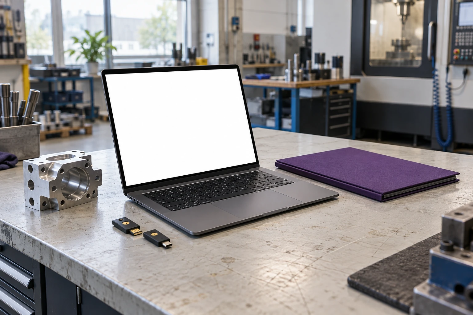 Sfeerbeeld van een compliancewerkplek met blanco laptopscherm, beveiligingssleutels en een paars dossier.