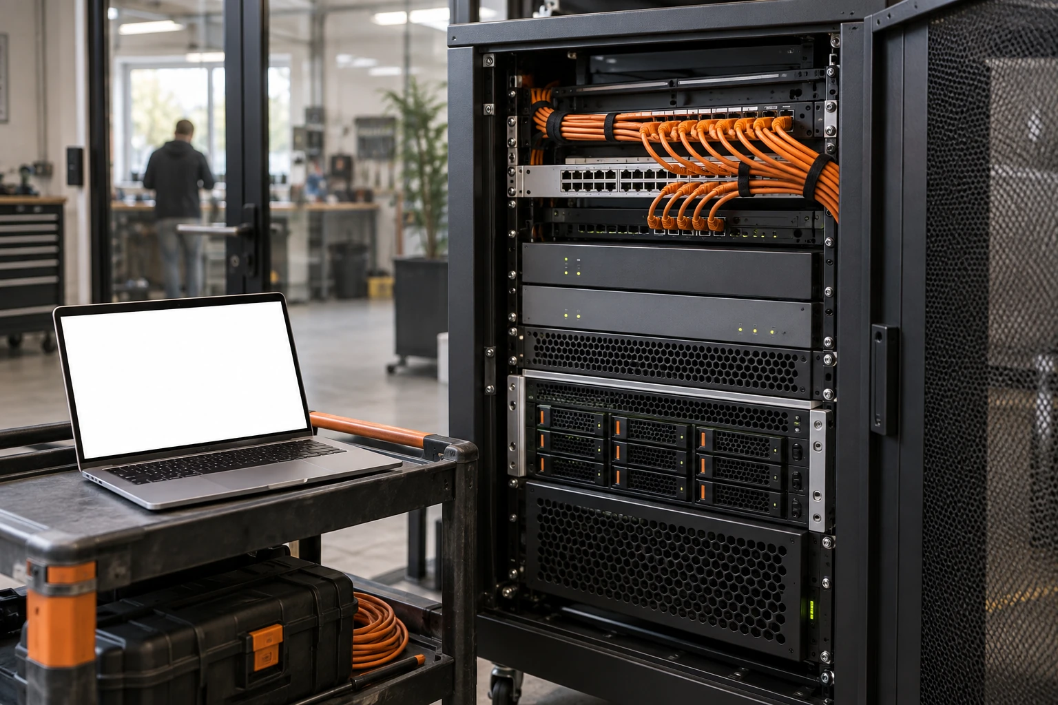 Een beheerde server- en netwerkomgeving met oranje kabels en een blanco laptopscherm.