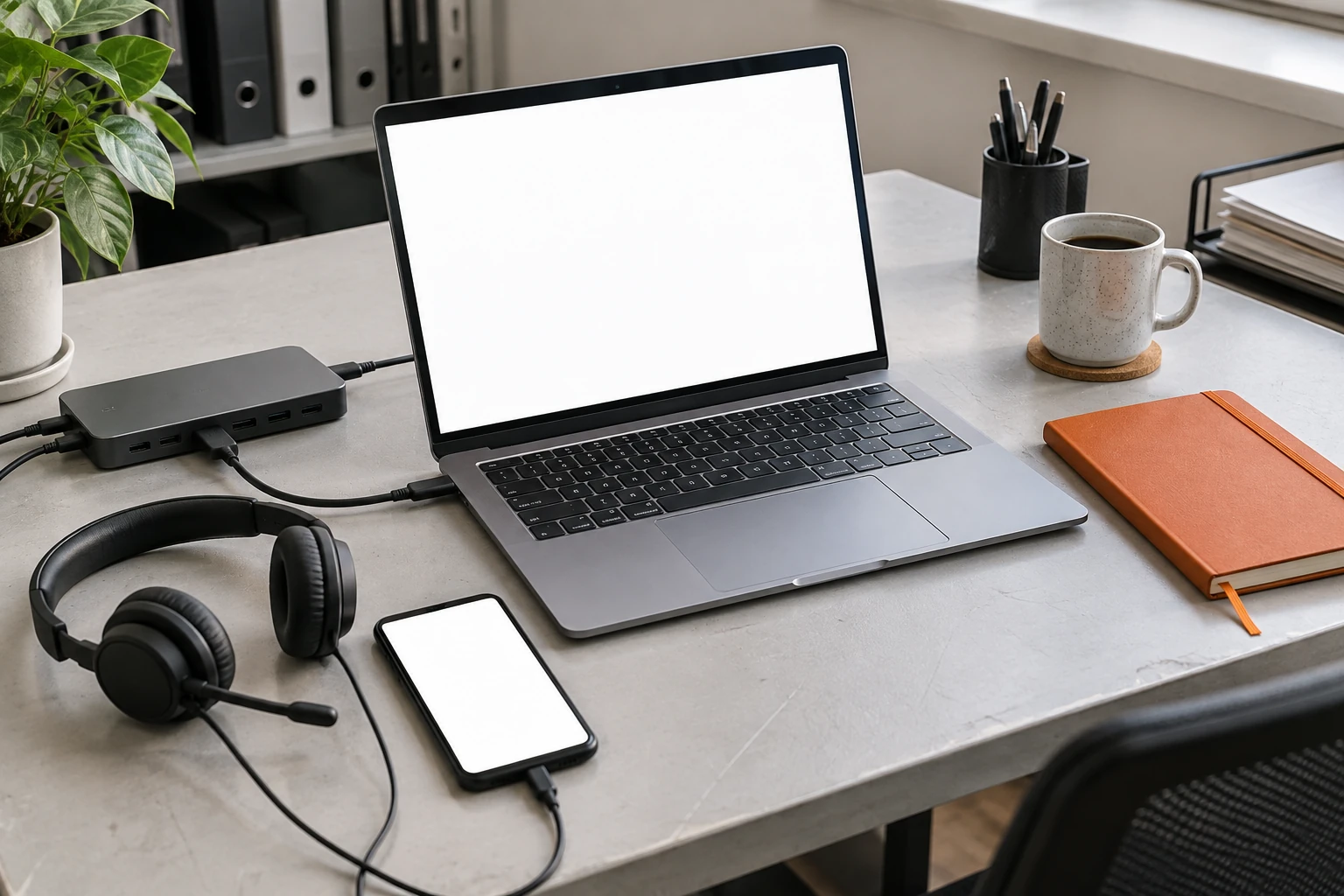 Een ingerichte werkplek met dockingstation, headset en blanco apparaatenschermen.