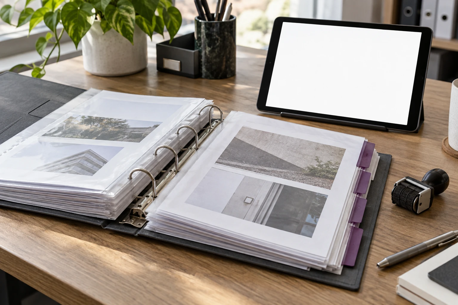 Sfeerbeeld van geordende bewijsstukken in een open dossier, naast een blanco tabletscherm.