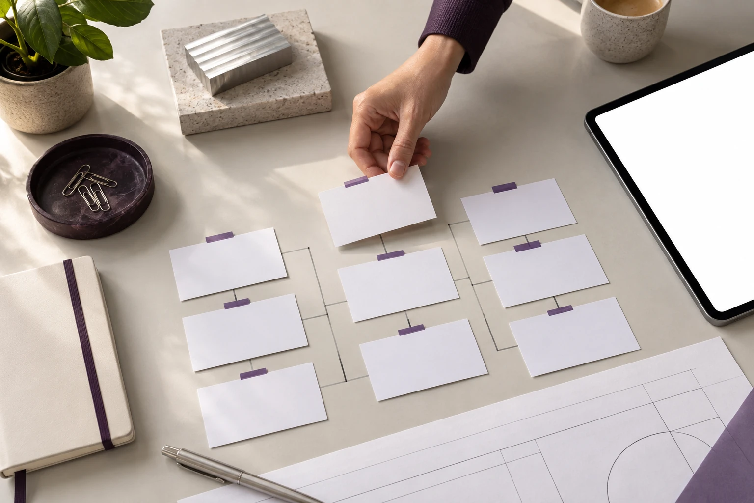 Sfeerbeeld van het ordenen en verbinden van eisen op een werktafel met blanco tablet.