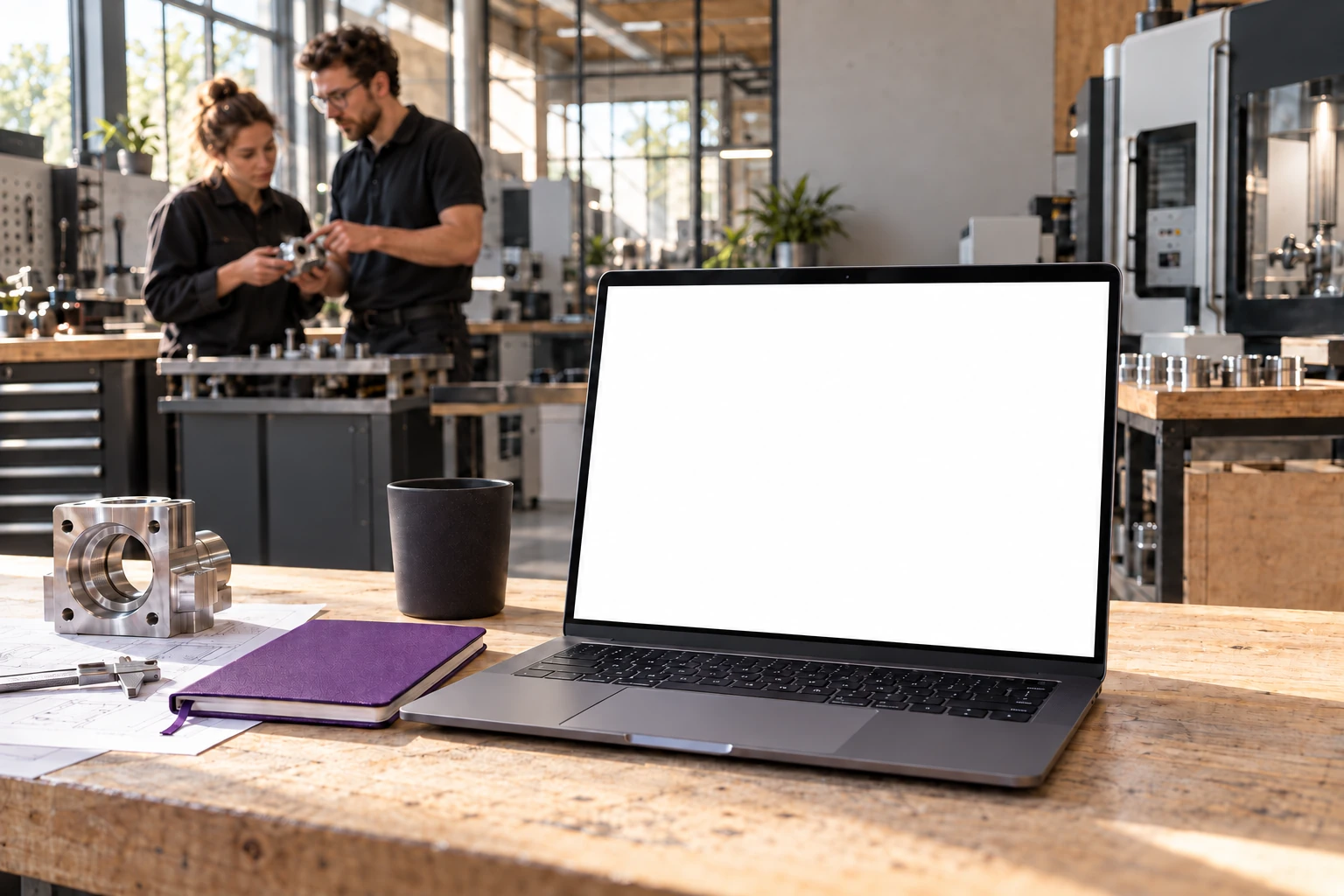 Sfeerbeeld van een maakbedrijf met een laptop met blanco scherm op de werkbank.
