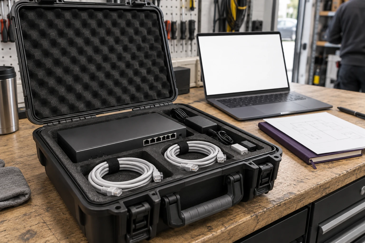 Sfeerbeeld van een installatiekit met netwerkapparatuur, verbindingen en een blanco laptopscherm.