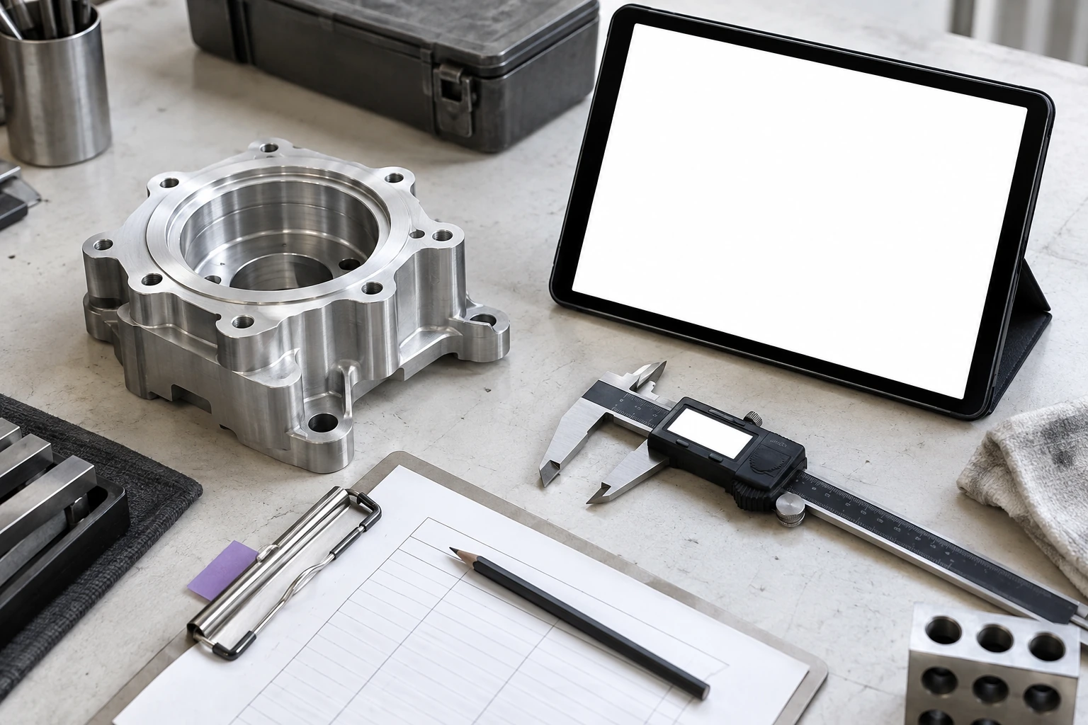 Sfeerbeeld van een meetopstelling met een precisieonderdeel, inspectieblad en blanco tabletscherm.