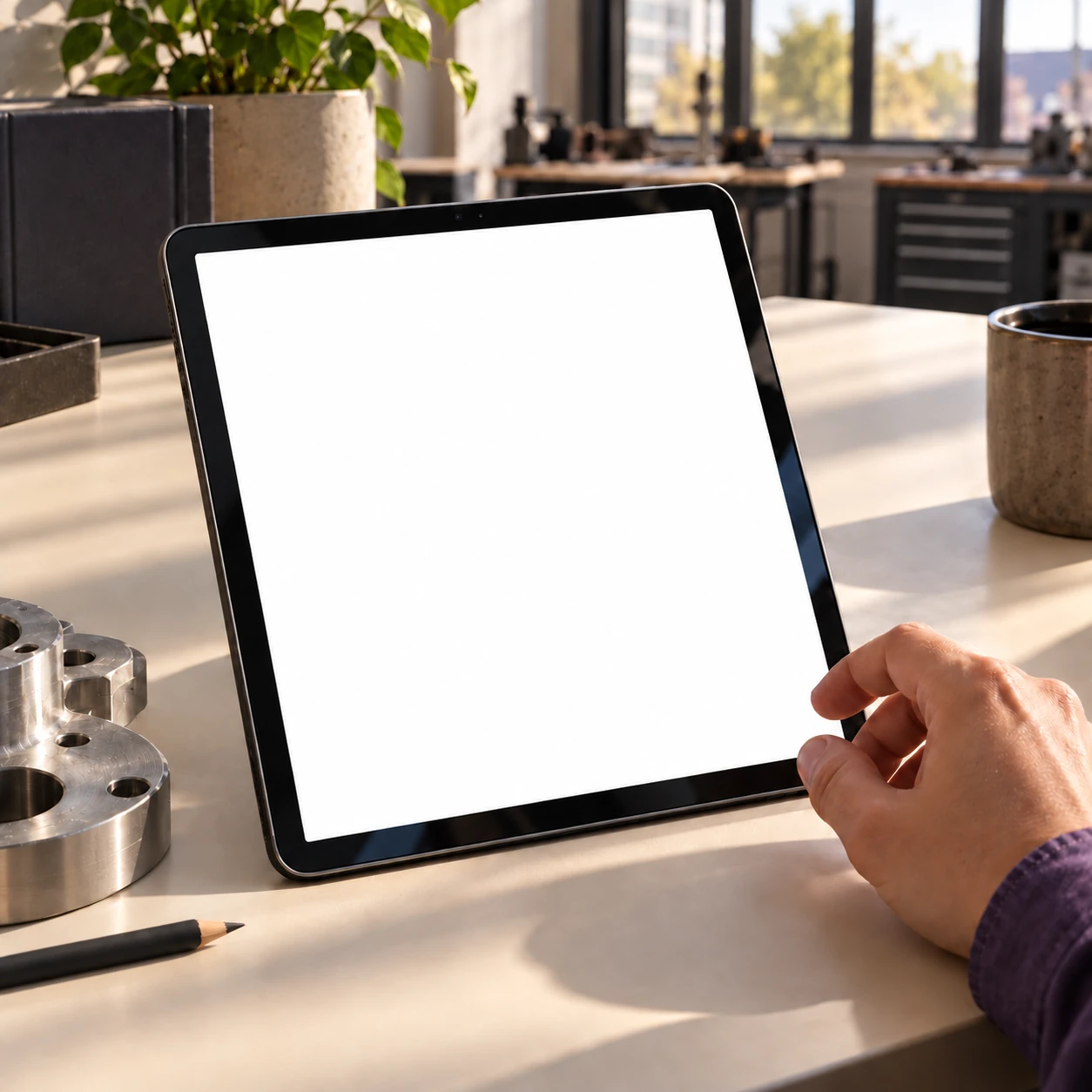 Een tablet met blanco scherm op een werktafel in een maakbedrijf.