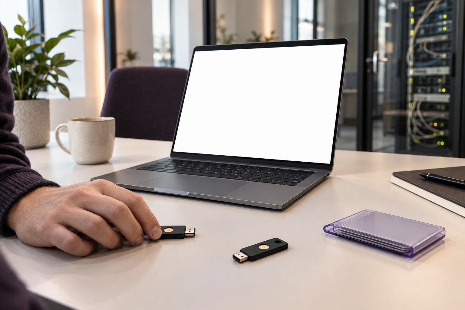 Een laptop met blanco scherm en fysieke beveiligingssleutels in een zorgvuldig ingerichte werkomgeving.