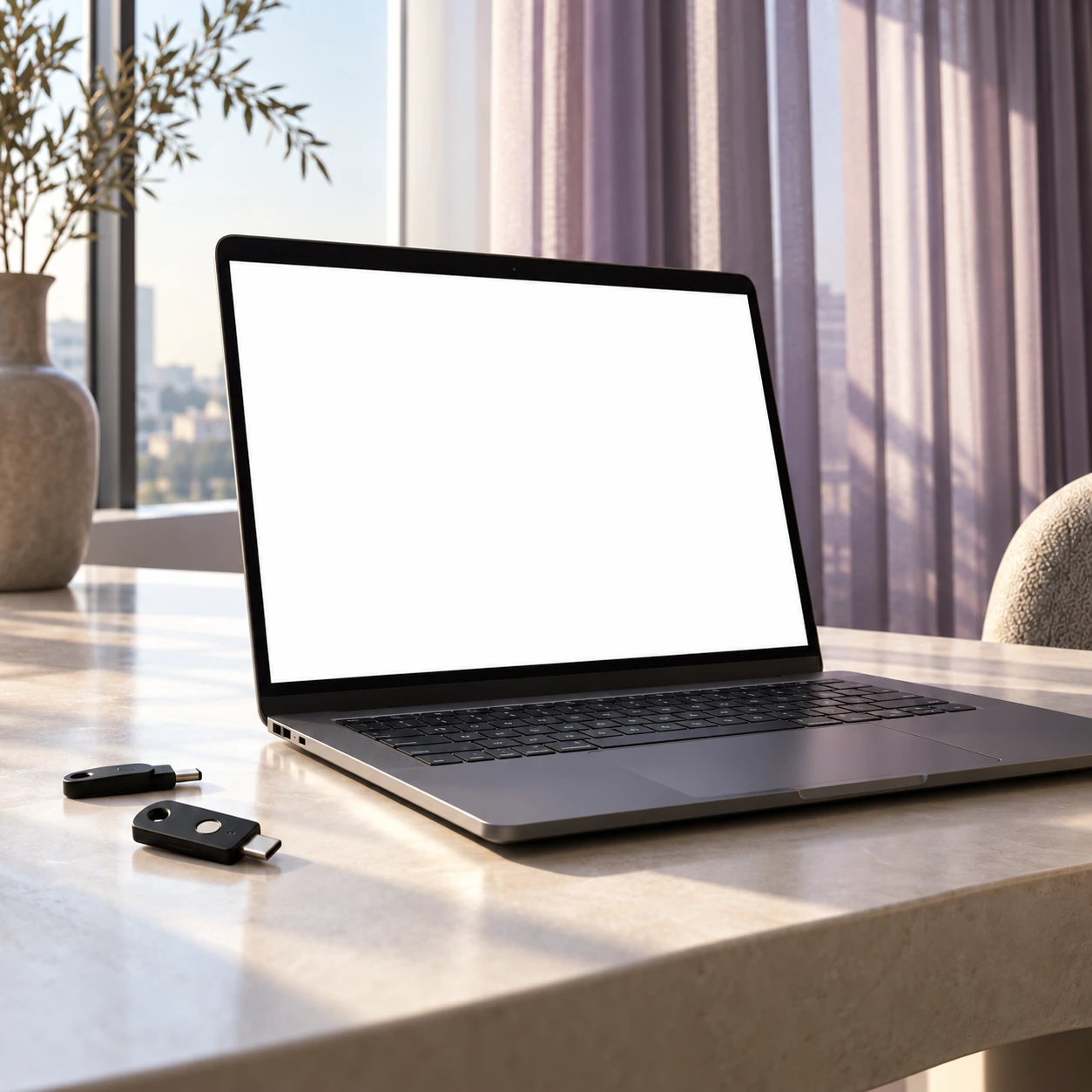Een laptop met blanco scherm en twee fysieke beveiligingssleutels.
